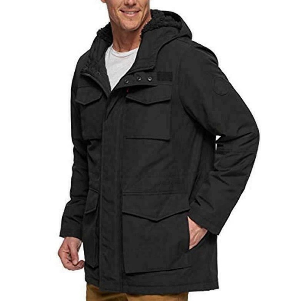 Levis Mens L Hooded Sherpa Lined Jacket Black Coat Fleece Winter NEW 180$ MSRP